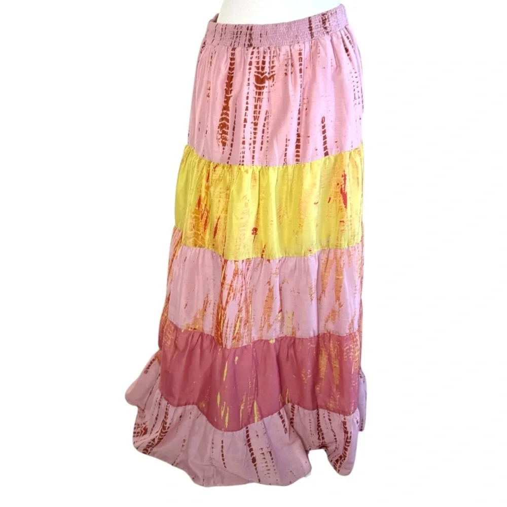 Anthropologie Maxi Tiered Skirt in Pink and Yellow